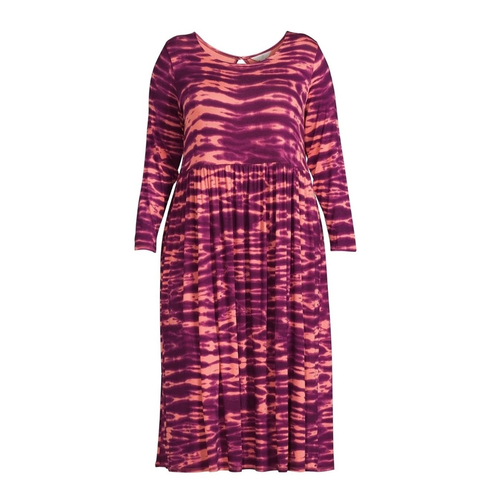 Terra & Sky Knit Dress Purple Tie Dye Long Sleeve Empire Waist Midi 0X Women